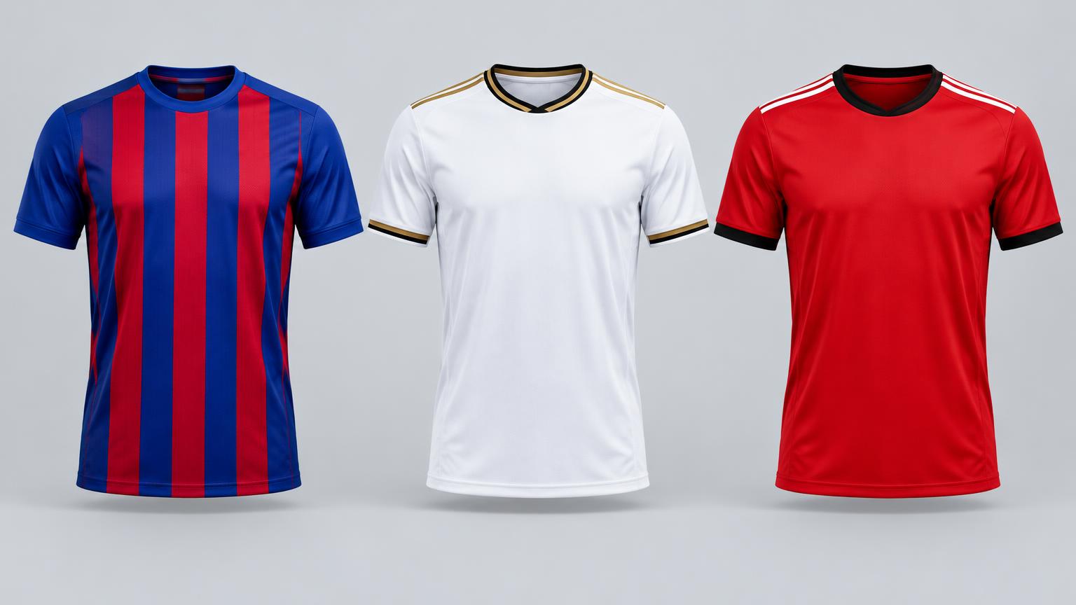 Tres camisetas deportivas: azul y grana estilo Barcelona, blanca estilo Real Madrid y roja estilo Manchester, sin escudos ni marcas